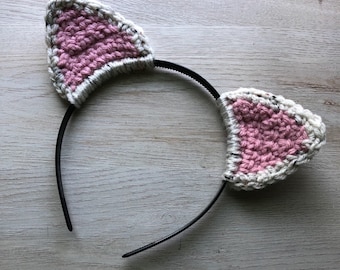 Cat Fox or Wolf Animal Ear Headband - Heathered Cream Oatmeal and Pink - One Size Fits Most