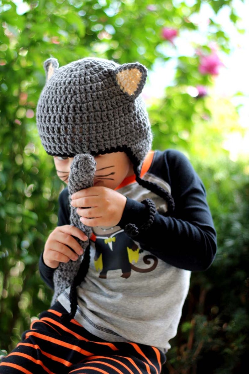 Kids or Adult Kitty Cat Crochet Earflap Hat and Tail Set Halloween Costume Childrens Accessories by Julian Bean image 1