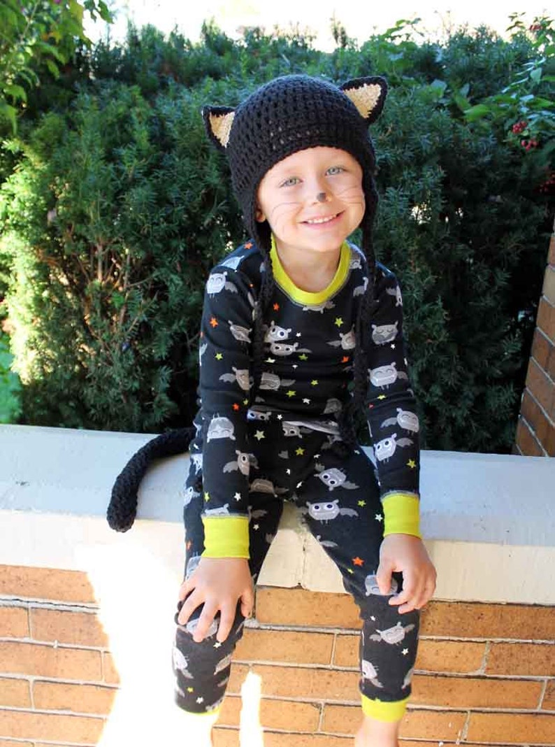 Kids Kitty Cat Halloween Costume Crochet Earflap Hat and Tail Set Childrens Accessories by Julian Bean image 2