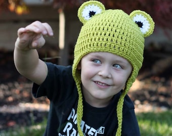 Frog Crochet Earflap Hat Beanie - Kids or Adult Sizes - Animal Accessories by Julian Bean