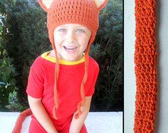 Kids Kitty Cat Halloween Costume in Orange- Crochet Earflap Hat and Tail Set - Childrens Accessories by Julian Bean