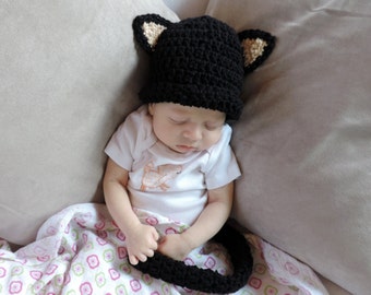 Newborn Black Kitty Cat Halloween Costume Beanie Hat and Tail Set - Any Colors - Made to Order