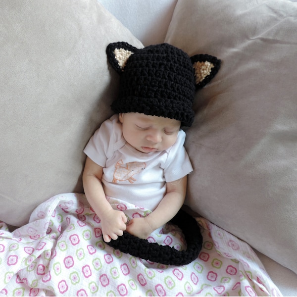 Newborn Black Kitty Cat Halloween Costume Beanie Hat and Tail Set - Any Colors - Made to Order