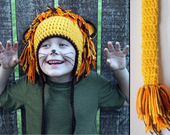 Kids or Adult Lion Halloween Costume - Crochet Earflap Hat and Tail Set - Childrens Accessories by Julian Bean
