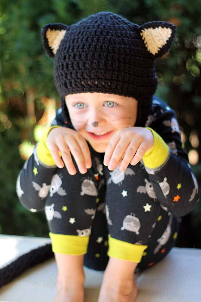 Kids Kitty Cat Halloween Costume Crochet Earflap Hat and Tail Set Childrens Accessories by Julian Bean image 3