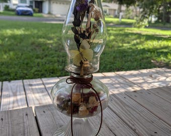 Antique Oil Lamp with real butterflies, preserved, dried flowers, porcine bone.
