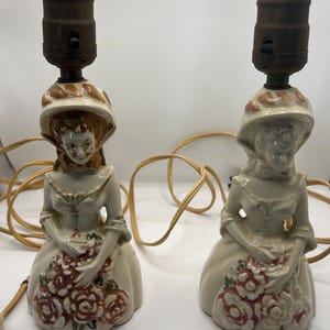 Pair of Vintage Ceramic Lady Figurine Lamps – Hand Painted Floral Dress – Both Working