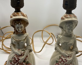 Pair of Vintage Ceramic Lady Figurine Lamps – Hand Painted Floral Dress – Both Working