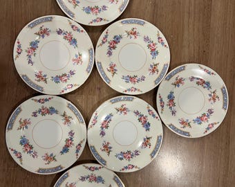 Set of 7 Haas & Czjzek Coronado HCZ23 Saucers Blue and Yellow Squares with Floral Ring Discontinued Fine China