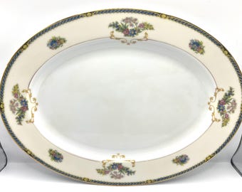 Vintage Noritake Romance 5777 Oval Serving Platter – 13.75” Floral China with Blue & Gold Trim – Made in Japan (1955-1962)