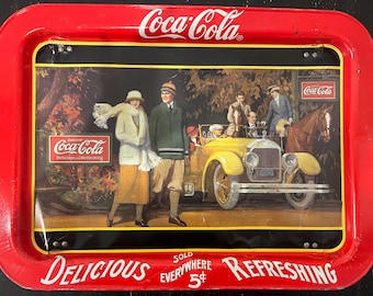 Vintage 1987 Coca-Cola “Touring Car” Tray – Reproduction of 1924 Poster Art – Metal Serving Tray – Americana Decor
