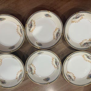 Set of 6 Noritake Romance 5.25” Bowls – Blue & Gold Floral China, Made in Japan, Pat. 76435, Vintage Mid-Century Dishware