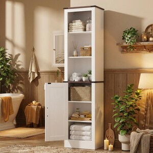 Farmhouse Tall Storage Cabinet: White, Walnut Top, Adjustable Shelves