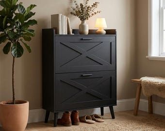 Farmhouse Barn Door Shoe Storage Cabinet, Slim Entryway Organizer, Flip Drawers