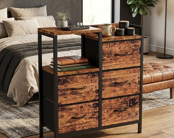 5 Drawer Fabric Dresser, Rustic Brown Wood-Look Storage Chest, Industrial Shelving Unit