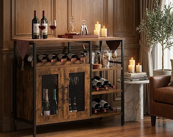 Wine Cabinet Coffee Station Storage Sideboard with Rack Glass Holder Mesh Door