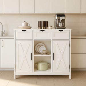 May include: White kitchen cabinet with drawers and doors. The cabinet has a countertop with a coffee maker, cups, and decorative items. Inside the cabinet are plates, a bowl, and a green pot.
