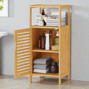 Bamboo Storage Cabinet – Freestanding Organizer with Door & Shelf for Bathroom, Kitchen, or Living Room