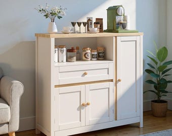 Armario de almacenamiento de cocina: aparador con puertas, cajón y estante ajustable para la organización del hogar.