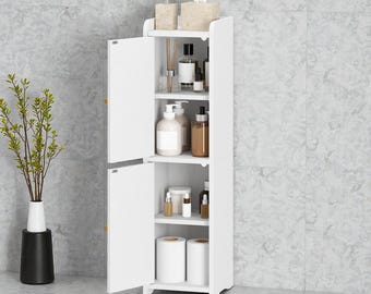 Narrow White Bathroom Storage Cabinet, FSC-Certified MDF, Arched Door Organizer