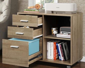 Wood Lateral File Cabinet 3 Drawer Printer Stand with Shelves for Home Office