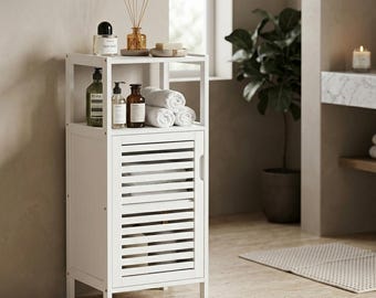 Slim Bamboo Bathroom Cabinet, White Shutter Door, 4-Tier Storage (14.37"W x 33.66"H)