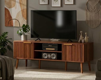 Mid Century TV Stand Fluted Media Console Storage Cabinet Entertainment Center for Living Room