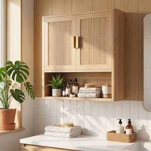 May include: A light wood wall-mounted cabinet with two fluted doors and gold handles. Below the doors is an open shelf containing a small potted plant, several glass bottles, a stack of folded white towels, and a ceramic container.