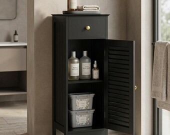 Black Bathroom Storage Cabinet with Drawer & Door, Tall Narrow Wooden Floor Cabinet, Slim Organizer for Small Spaces