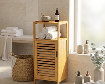 Bamboo Storage Cabinet – Slim Organizer with Door & Open Shelf