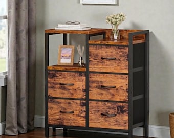 5 Drawer Fabric Dresser Freestanding Storage Cabinet with Shelves for Bedroom Closet