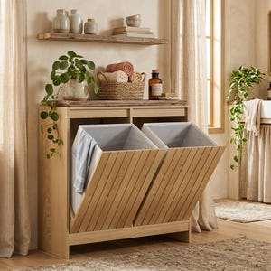 Tilt Out Laundry Hamper Cabinet – Double Basket Hidden Storage, Modern Fluted Wood Texture