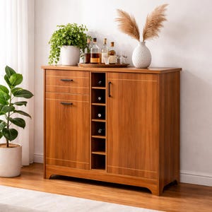 May include: A wooden bar cabinet with a warm brown finish. It features a wine rack, drawers, and cabinet doors. The top displays bottles, glasses, and a tray. Decorative plants and a vase with dried grass add to the decor. The cabinet is set on a wooden floor.