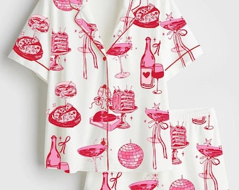 Retro Disco Ball Pajamas, Margarita Cocktail Satin PJ Set, Homebody Social Club Sleepwear, Long Sleeve Disco Print Loungewear, Gift for Her