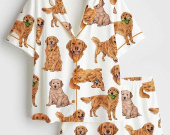 Women’s Golden Retriever Pajama Set, Dog Lover Short Sleeve Satin PJs, Cute Cozy Sleepwear, Perfect Gift for Dog Moms