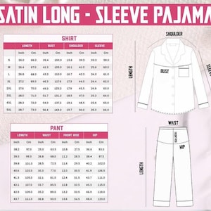K&ouml;nnte beinhalten: Diagramm eines Satin-Langarm-Schlafanzugs, einschlie&szlig;lich eines Hemdes mit Kn&ouml;pfen und einer Hose. Das Bild enth&auml;lt Gr&ouml;&szlig;entabellen mit Ma&szlig;en in Zoll und Zentimetern f&uuml;r Hemdl&auml;nge, Brust, Schulter, &Auml;rmel, Hosenl&auml;nge, Taille, Schritt und H&uuml;fte.