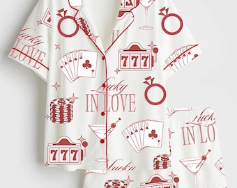 Lucky In Love Bachelorette Casino Party Los Vegas Martini Satin Pajama Set, Vacation Bachelorette Pajama, Lover Casino Xmas Merry Sleepwear