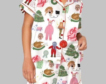 Christmas Story Pajama Satin Set, Xmas Bow Story Pajamas Sleepwear Funny, Santa Claus Set Homewear For Fans