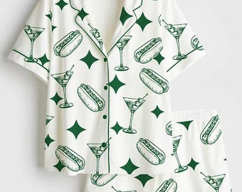 Tinis And Weenies Dirty Martini Party Print Short Sleeve Satin Pajama Set, Martini Meme Tinis WeeniesFan Gift, Nightwear Gifts  For Her