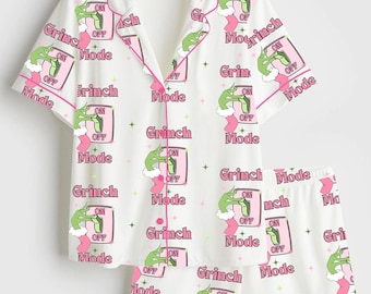 Grinch Mode On Pink Christmas Satin Pajama Set, Luxury Sleepwear Xmas Pet Pajama Outfit, Grinchmas Christmas Santa Gift For Holiday