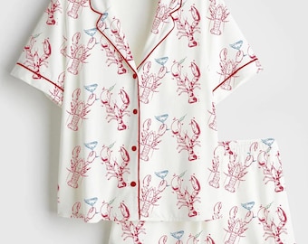 Lobster Dirty Martini Short Sleeve Satin Pajama Set, Pajamas Horse Picture Lobster Dirty Martini Gift for Fans Animal Cute Gifts For Her