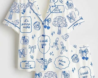 2026 Future Mrs Engagement Wedding Satin Pajama Set, Chapel Wedding Timeline Anniversary Wifey PJS Set, Hand Drawn Nightwear Gifts For Her