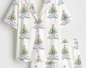 Merry Mahjong Pajama Set, Chinoiserie Satin Christmas Sleepwear, Xmas Short Sleeve PJs, Holiday Gift, Cozy Lounge Set Mahjong