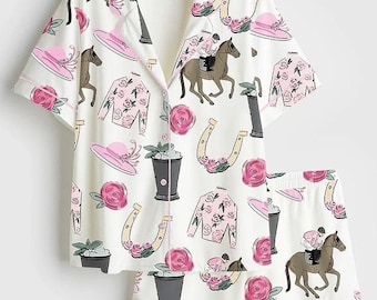 Kentucky Derby Pajama Set, Pink Run For The Roses Pjs, Horse Racing Satin Sleepwear, Western Floral Loungewear, Derby Day Gift, Long Sleeve