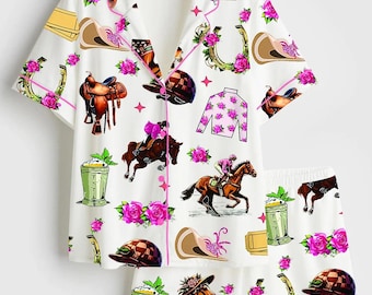 Kentucky Derby Pajama Set, Run For The Roses Pjs, Horse Racing Satin Sleepwear, Western Floral Loungewear, Derby Day Gift, Short Sleeve Pjs