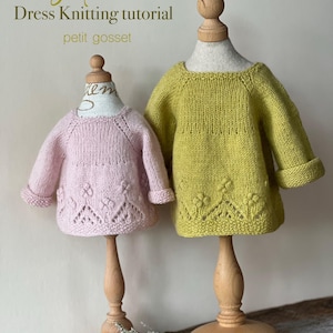 May include: Two knitted doll dresses on wooden stands. One is light pink, the other is green. Both have a floral pattern at the hem and are displayed against a neutral background. The text "Sophie Dress Knitting tutorial petit gosset" is at the top.