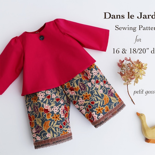 May include: A sewing pattern for a 16 & 18/20 inch doll, called "Dans le Jardin" with a pink top and floral pants. The pattern is for a "petit gosset" doll.