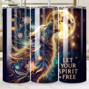 Wolf 20oz Tumbler Wrap PNG, Mystical Spirit Animal Sublimation File, Celestial Forest Wolf Design, Inspirational Motivational Quote Wrap