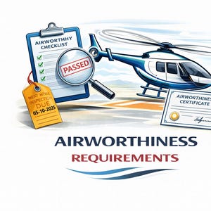 May include: Illustration of a blue and white helicopter with an "Airworthiness Checklist" and a certificate. A magnifying glass shows "PASSED" on the checklist. A tag reads "NEXT WTH INSPECTION DUE 05-10-2025". The words "AIRWORTHINESS REQUIREMENTS" are at the bottom.