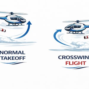 May include: An illustration depicting two helicopters, one taking off normally and the other in a crosswind. The helicopters are blue and white, with a windsock and curved arrow. Text reads "NORMAL TAKEOFF" and "CROSSWIND FLIGHT".